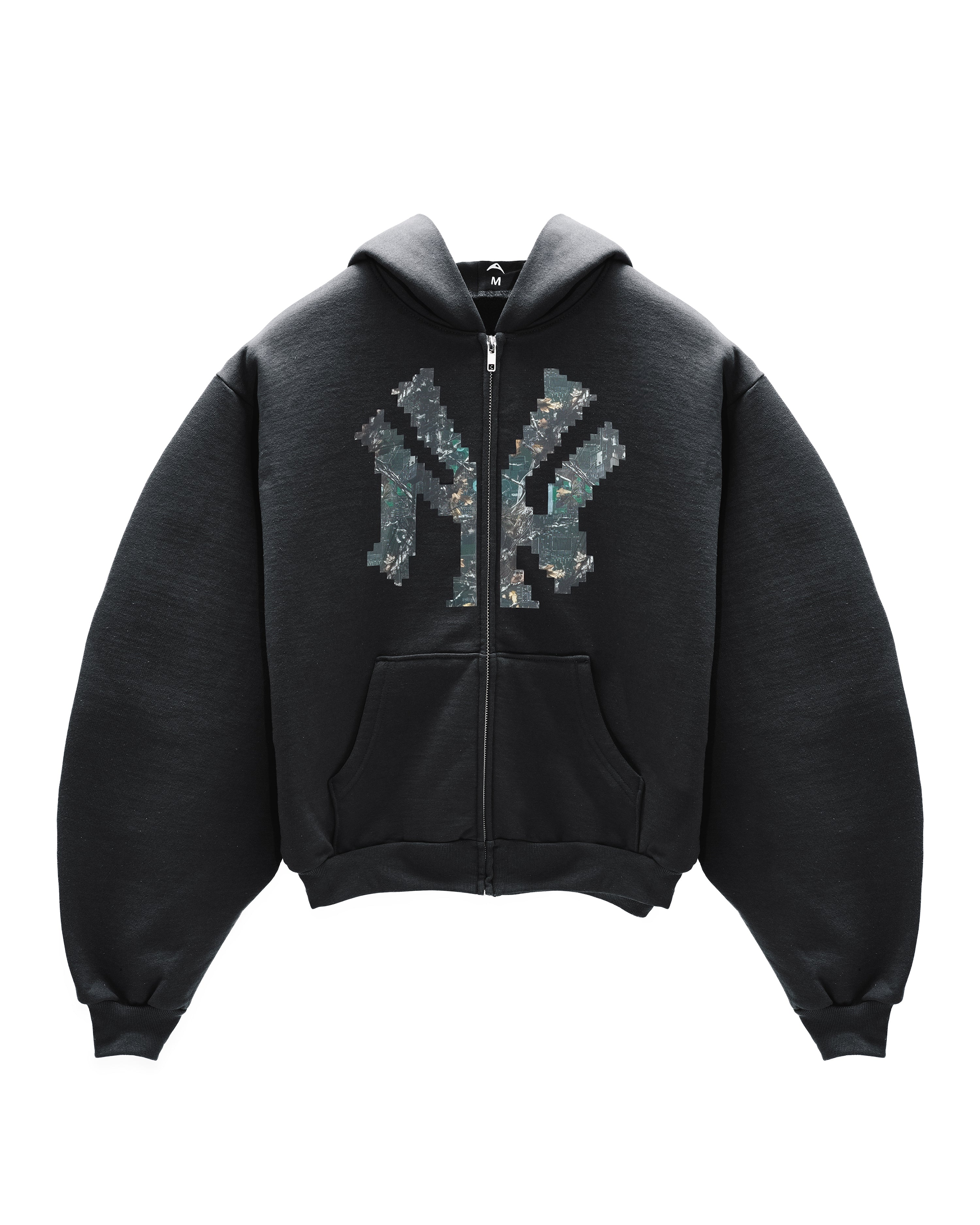 BLACK “NY” TECH CAMO ZIP-UP HOODIE