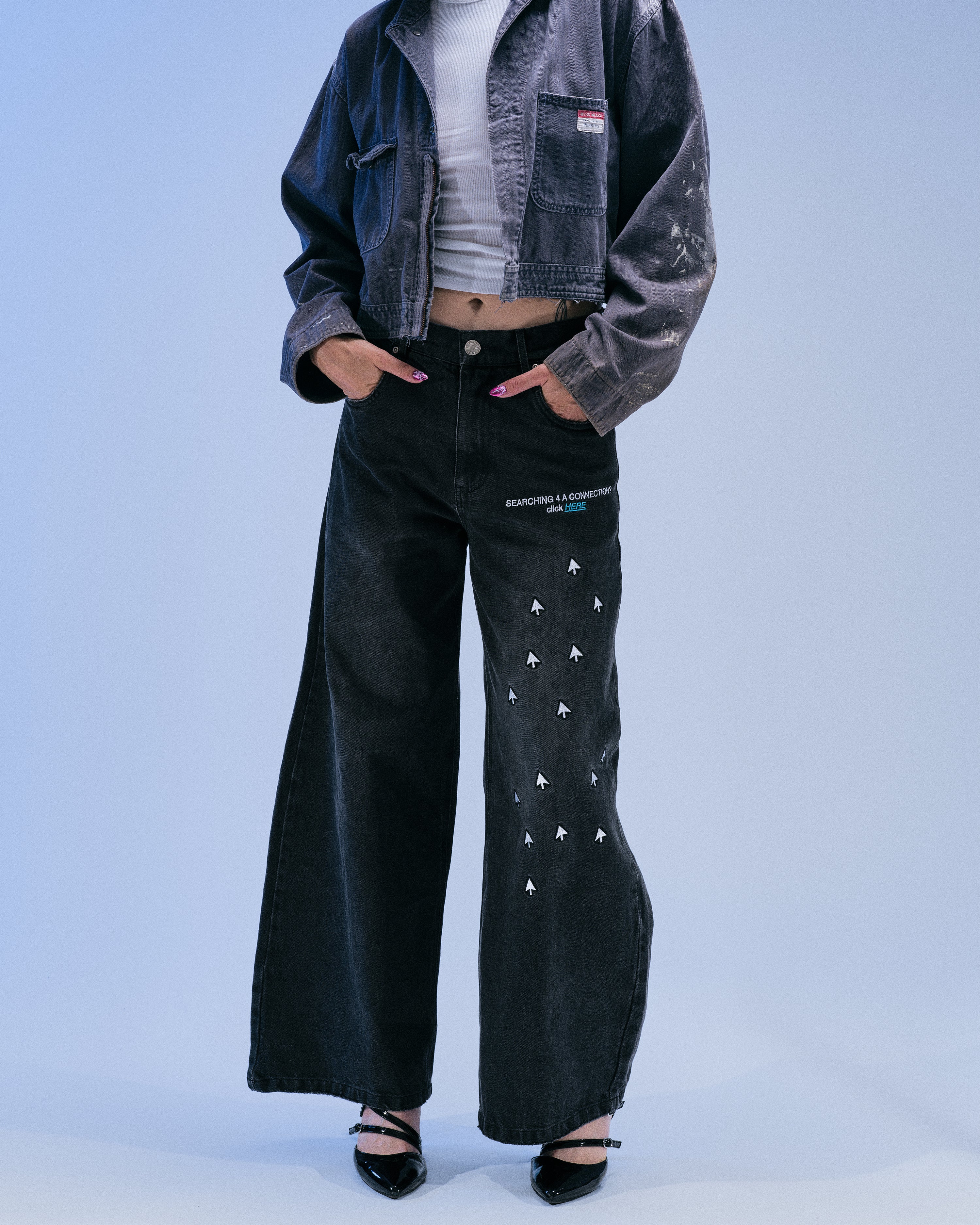 "CLICK HERE" FADED BLACK JEANS