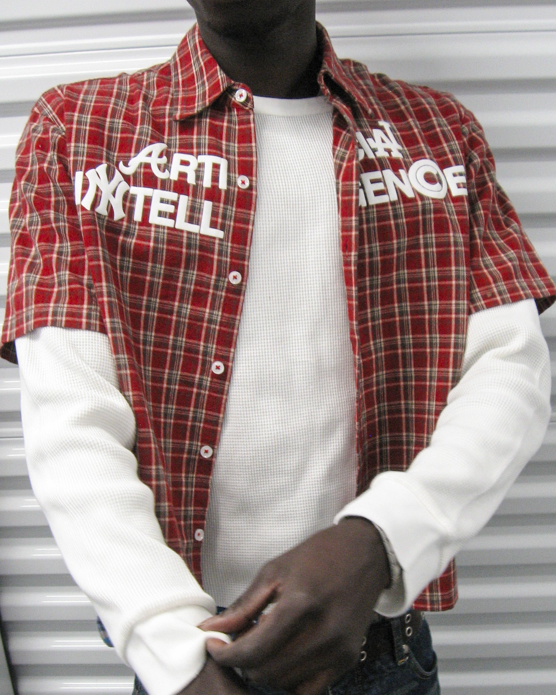 "ARTIFICIAL INTELLIGENCE" RED PLAID BUTTON-UP SHIRT