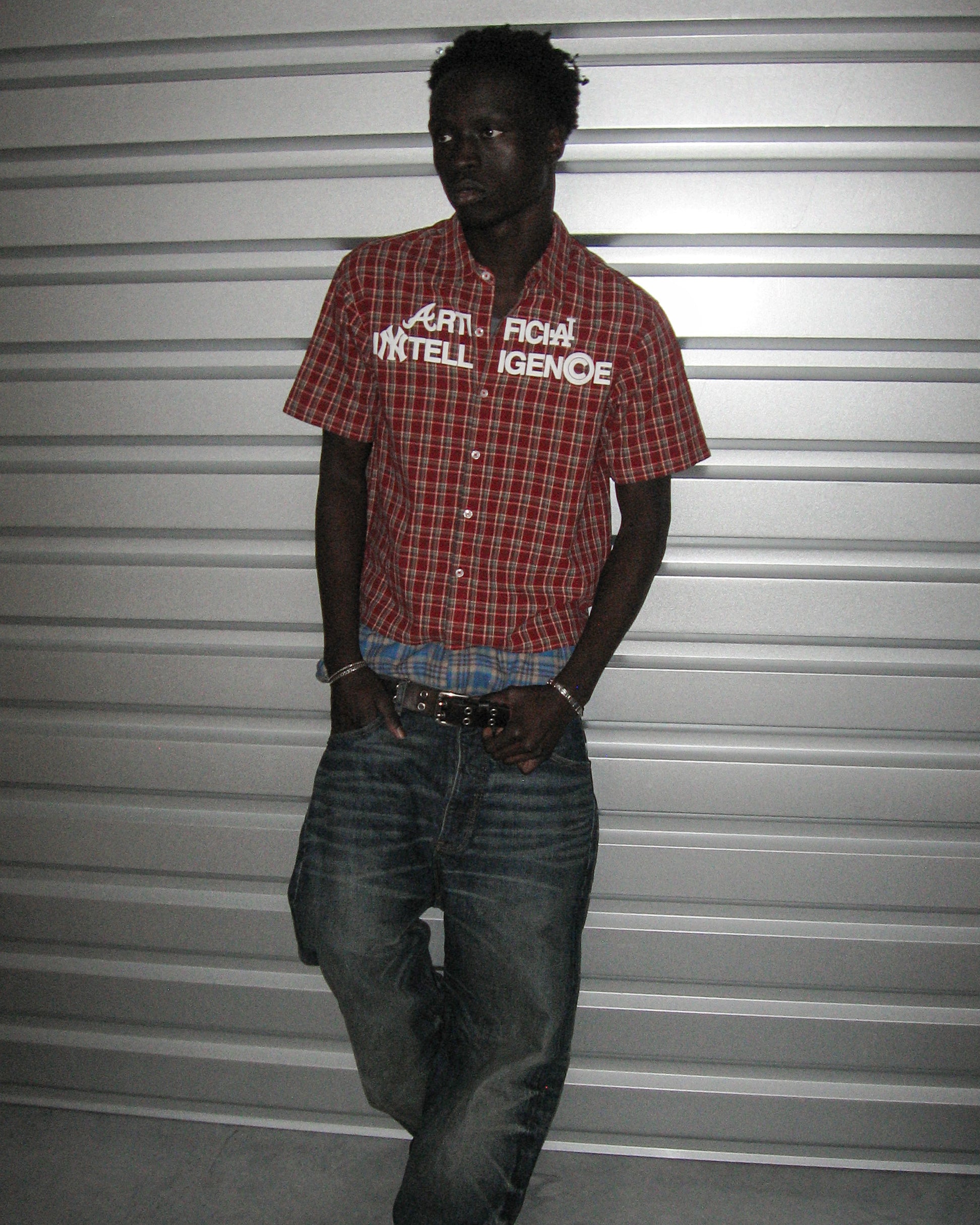 "ARTIFICIAL INTELLIGENCE" RED PLAID BUTTON-UP SHIRT