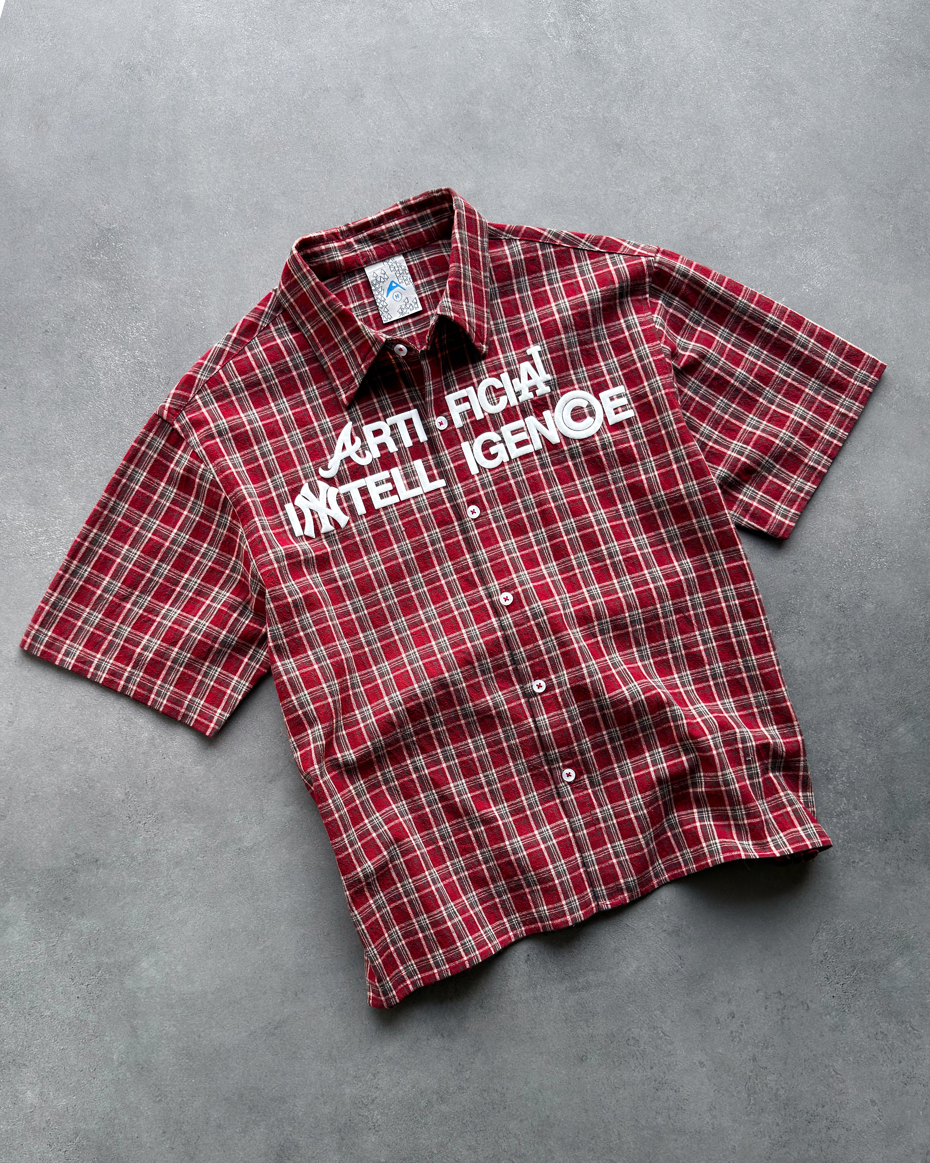 "ARTIFICIAL INTELLIGENCE" RED PLAID BUTTON-UP SHIRT