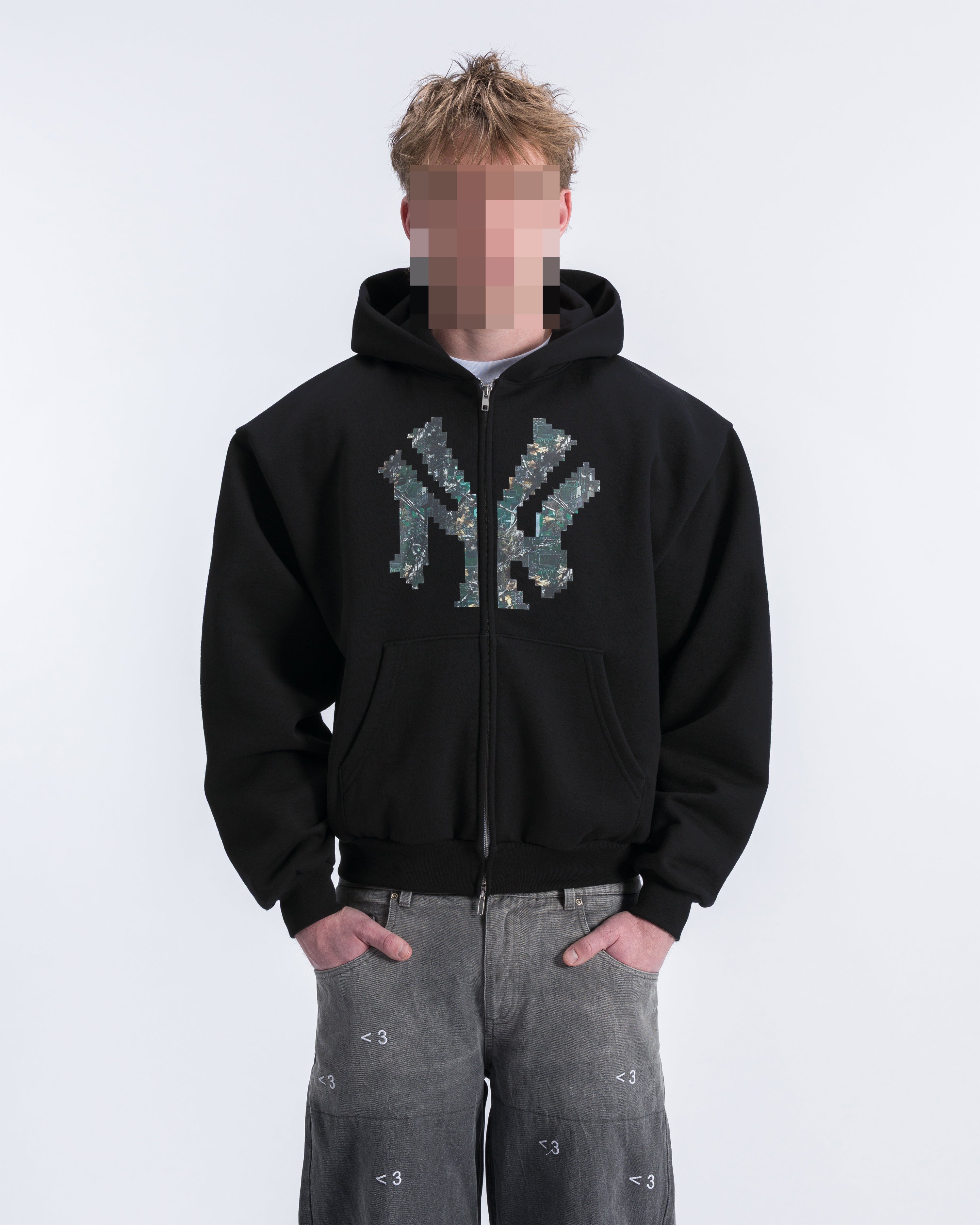 BLACK “NY” TECH CAMO ZIP-UP HOODIE