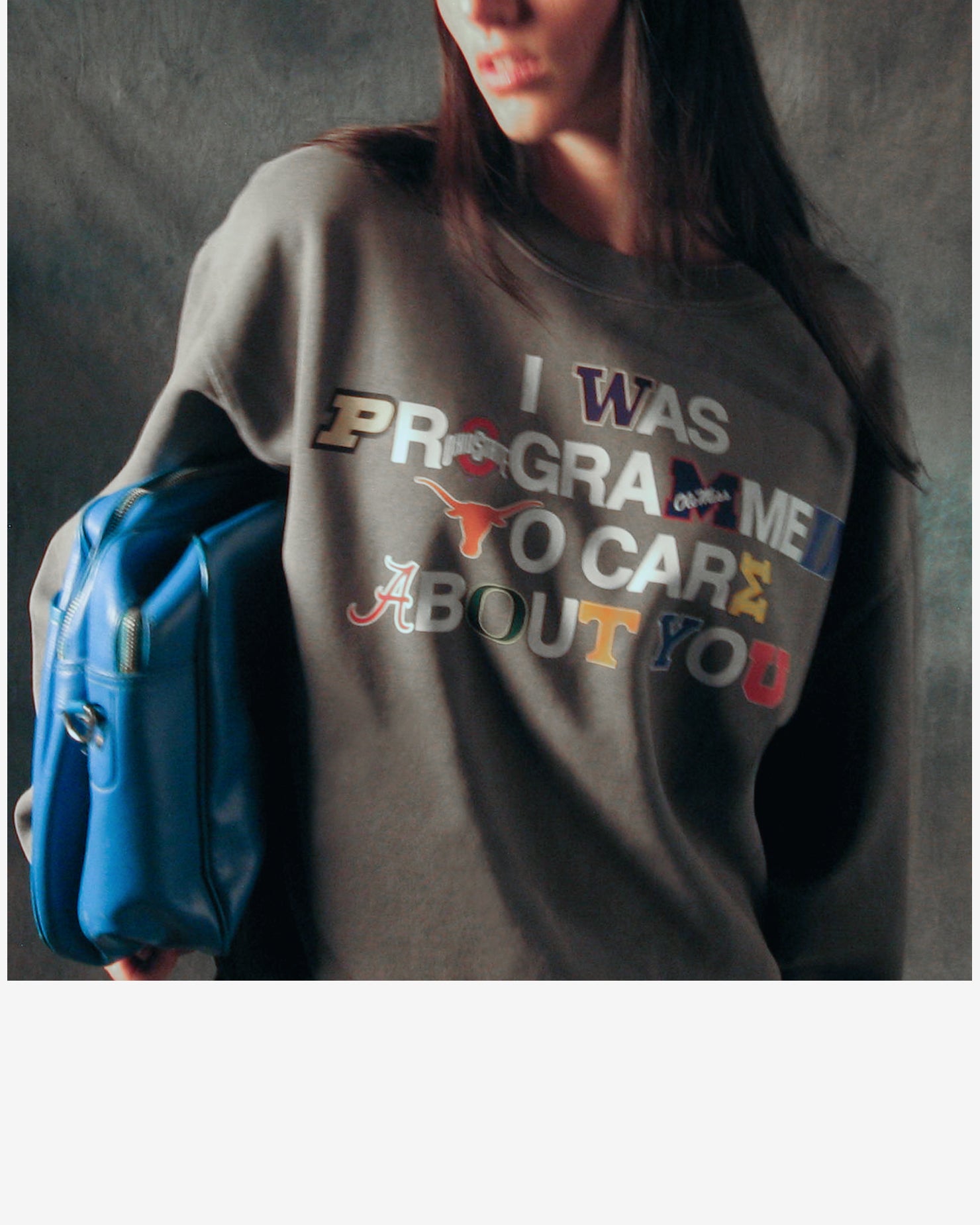 "PROGRAMMED TO CARE" COLLEGE CREWNECK SWEATSHIRT