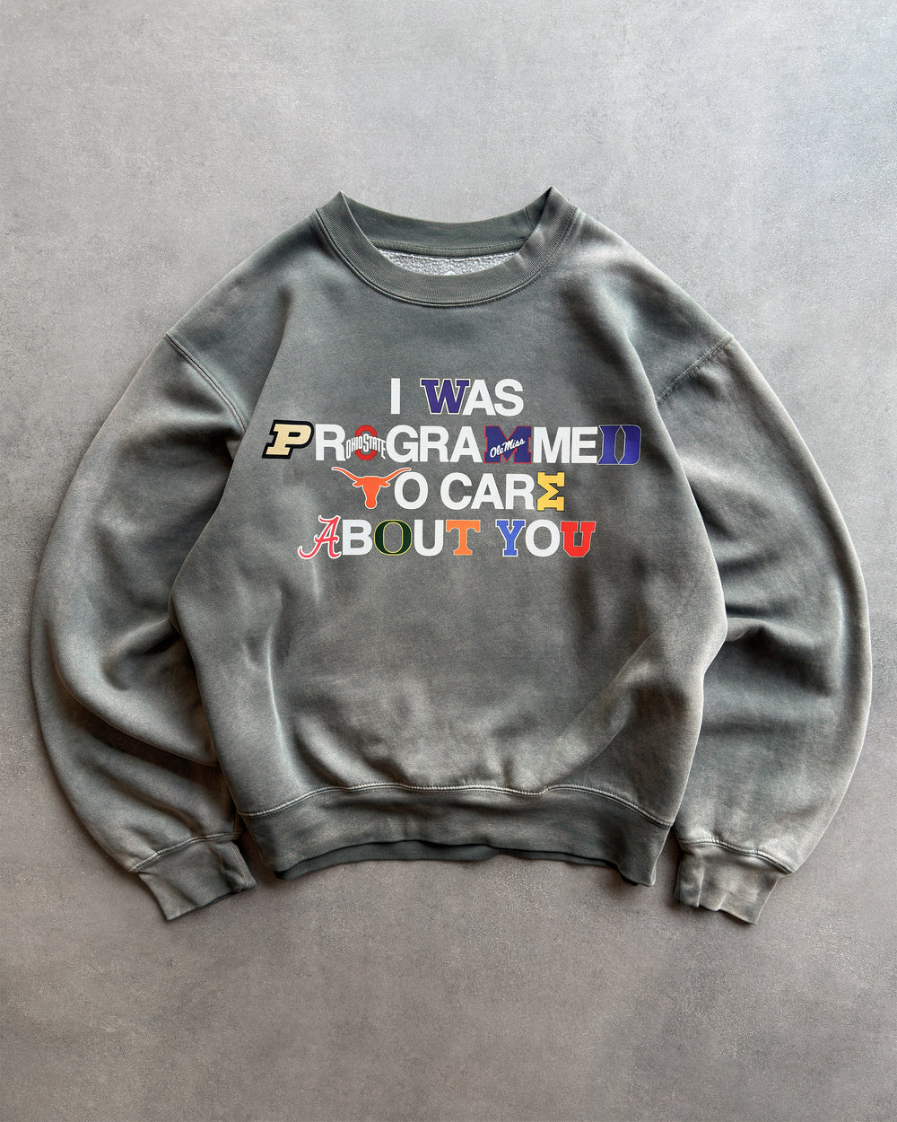 "PROGRAMMED TO CARE" COLLEGE CREWNECK SWEATSHIRT