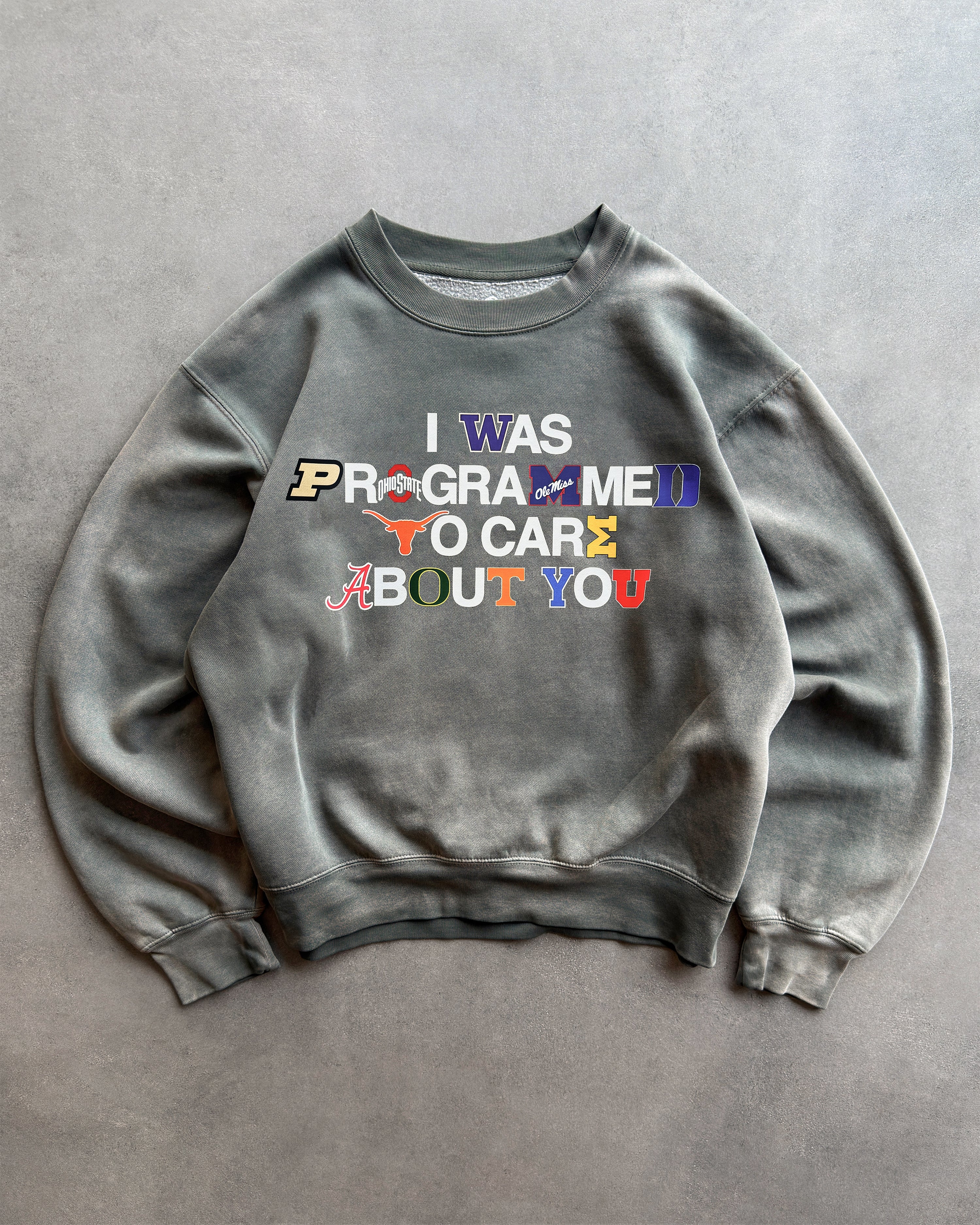 "PROGRAMMED TO CARE" COLLEGE CREWNECK SWEATSHIRT