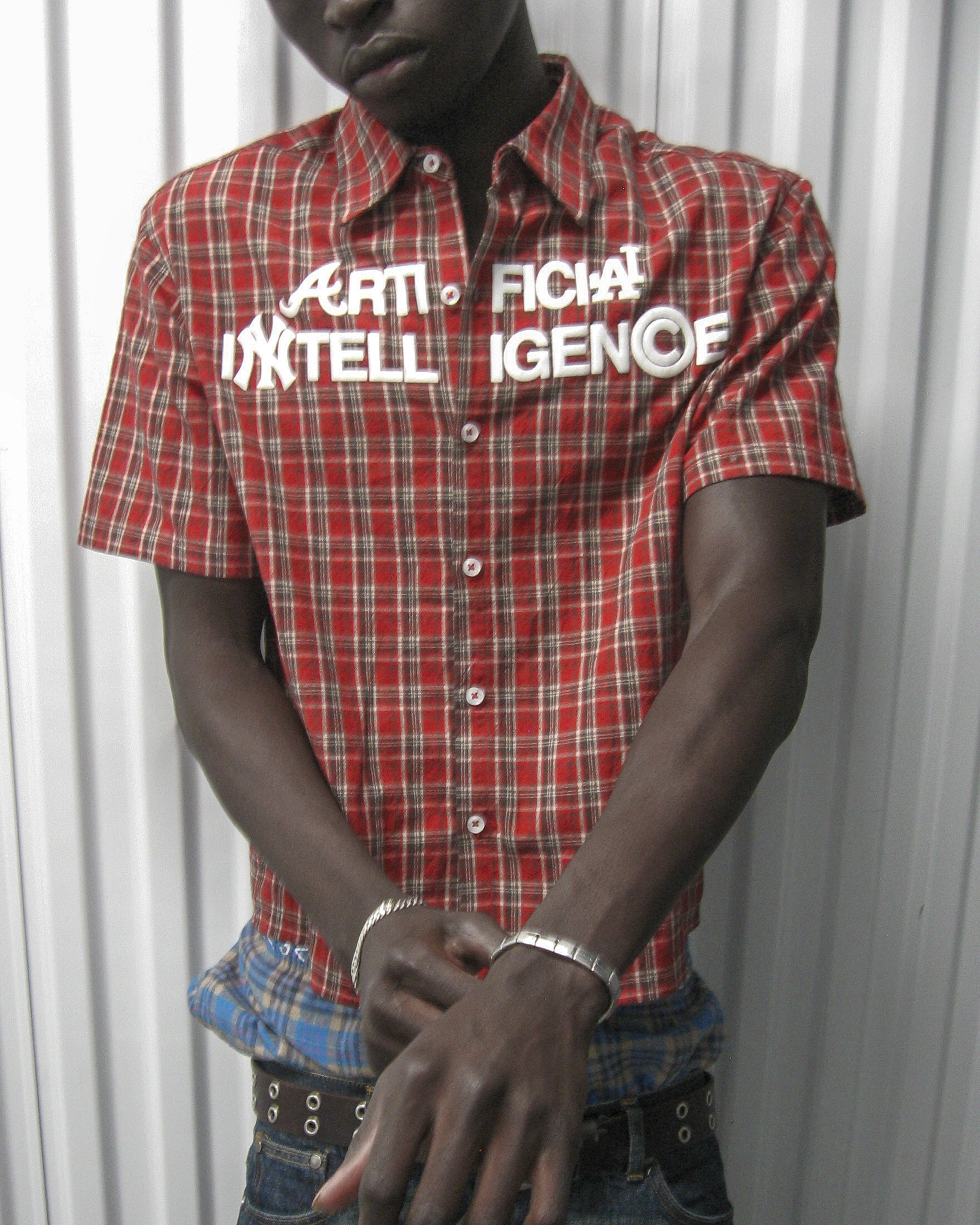 "ARTIFICIAL INTELLIGENCE" RED PLAID BUTTON-UP SHIRT