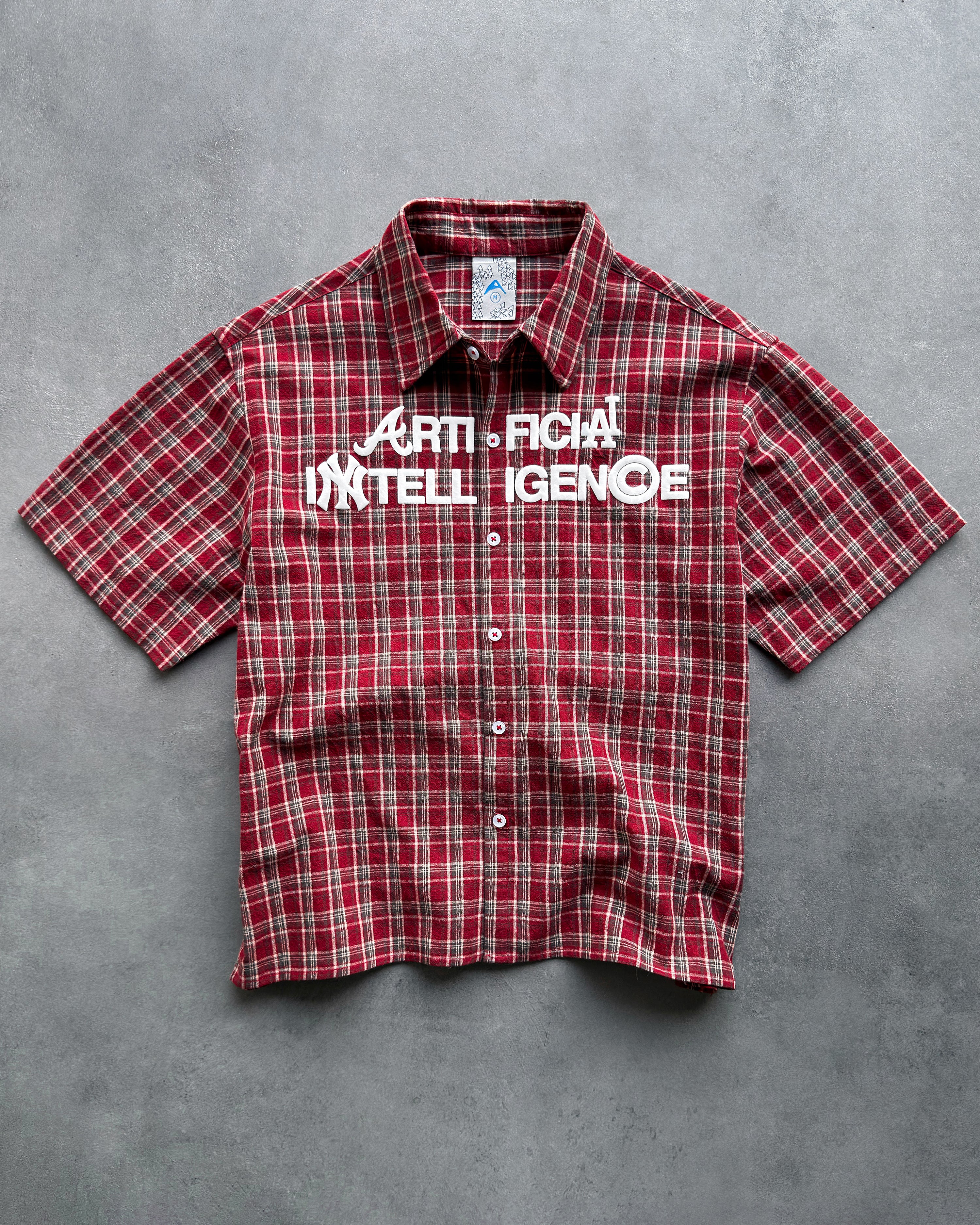 "ARTIFICIAL INTELLIGENCE" RED PLAID BUTTON-UP SHIRT