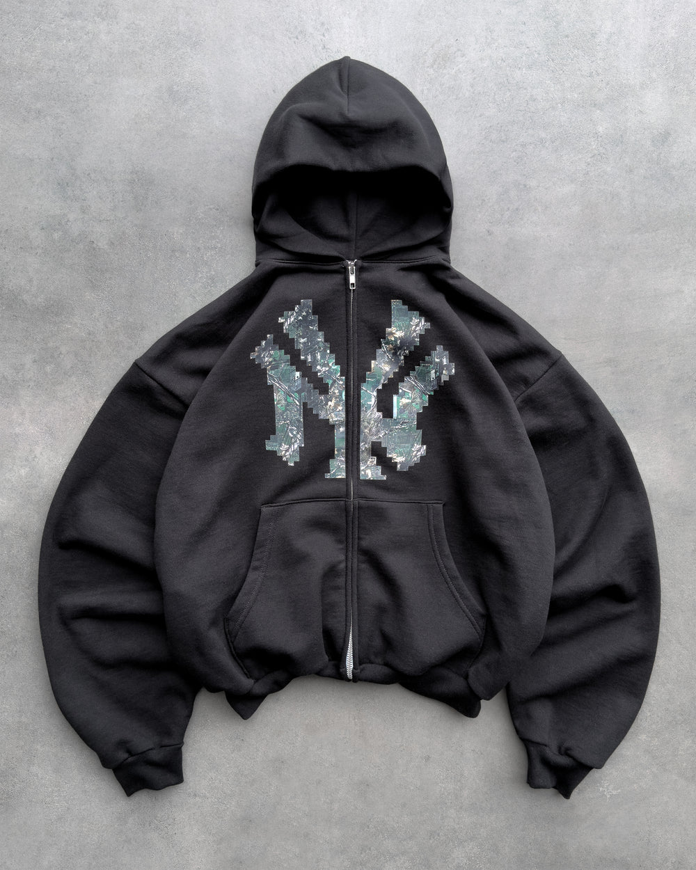 BLACK “NY” TECH CAMO ZIP-UP HOODIE